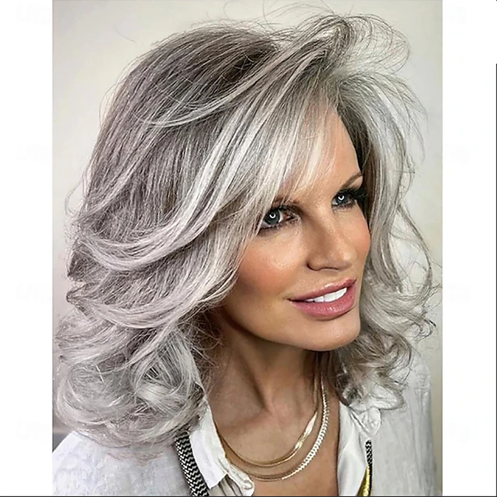 HAIRJOY Synthetic Hair Medium Grey Wavy Bob Wigs for Women Gray to White Layered Wig Old Lady Wig for Daily Party Costume