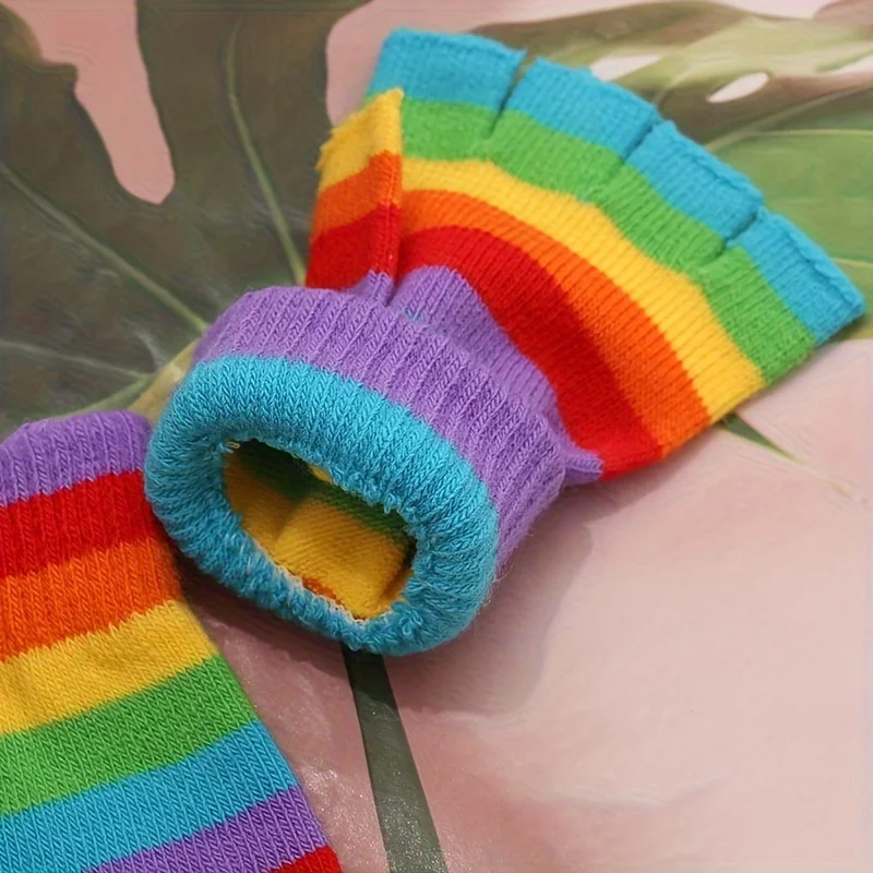 Rainbow Striped Knit Gloves, Thickened Warm Half-Finger Gloves, Autumn and Winter Cold-Proof Gloves for Men and Women