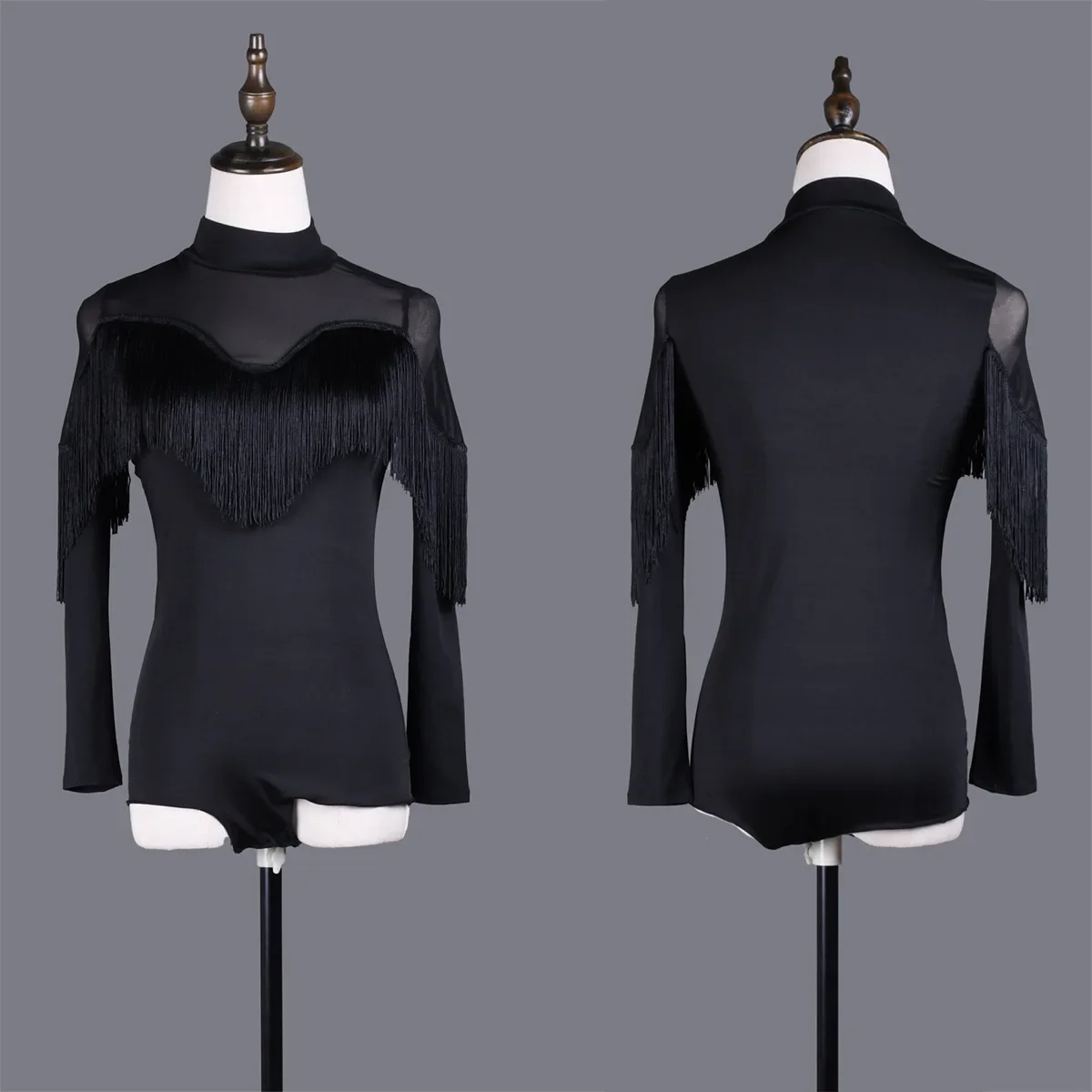 라틴 댄스 섹시 볼룸 댄스 댄스 의상 태슬 셔츠 메쉬 긴팔 성인 모던 탑 여성 연습복