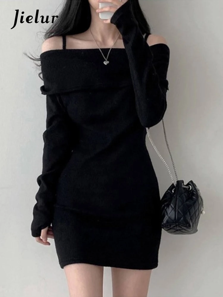 Jielur Autumn New Solid Color Sexy Women Dress Sweet Ladies Elegant Chic Dress Woman Black Grey Knitted Tight Hip Dresses Female