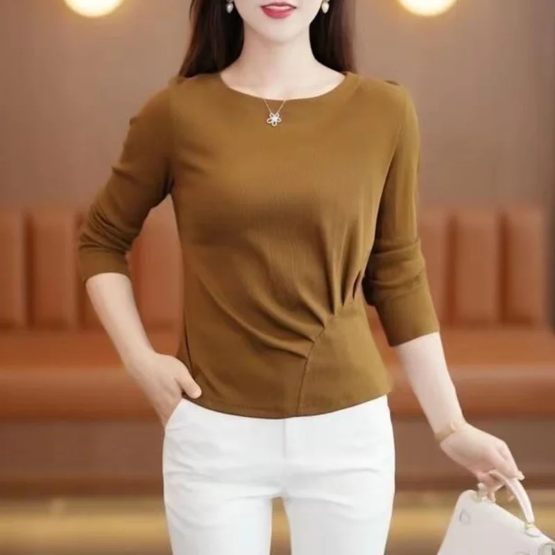 

New Style Spring and Autumn Women's Solid O-Neck Long Sleeve Slim Fold Pullovers Vintage Elegant Fashion Casual Commute Tops