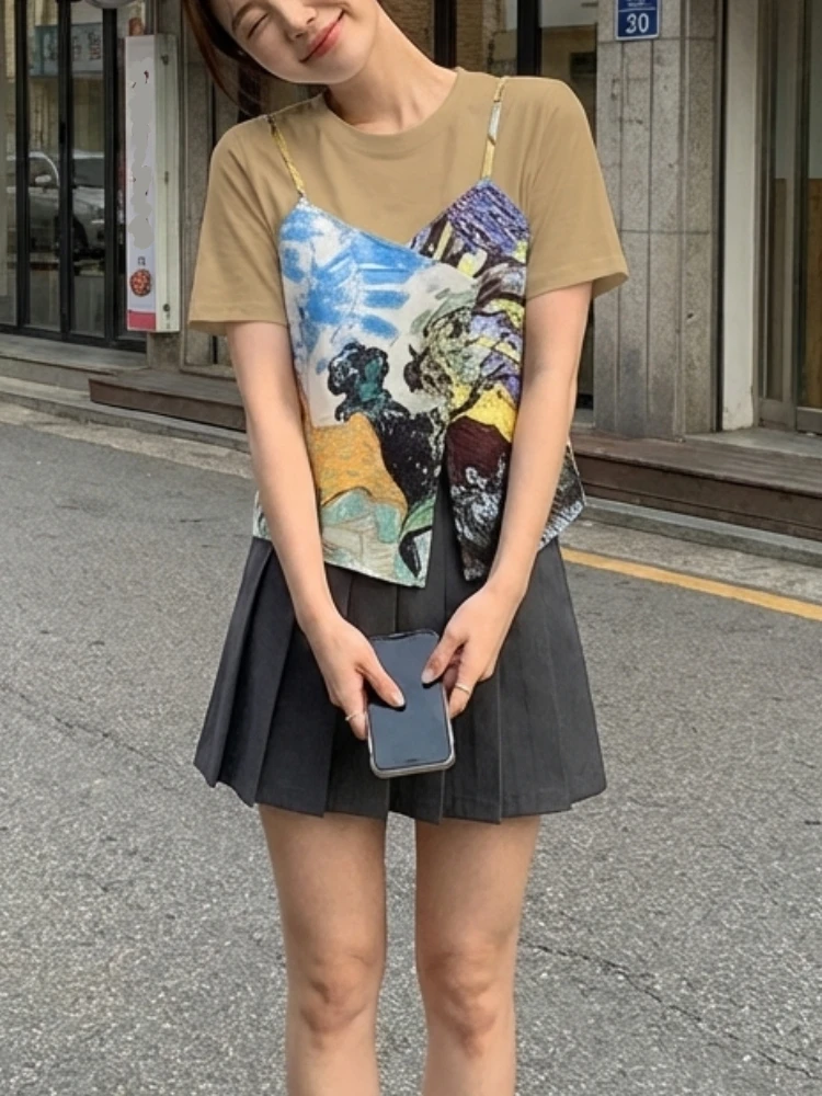 

ZANZEA Korean Fashion Women T-Shirts Faux Two-Piece Layered Design Printing O-Neck Short Sleeve Tees Summer Woman Clothes S-3XL
