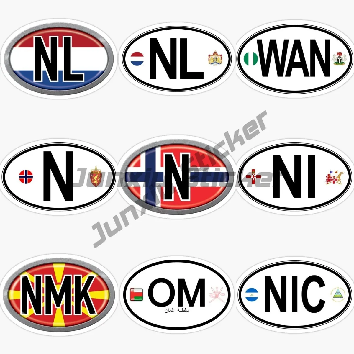 

Oval Country Flag Sticker NL Netherlands NIC Nicaragua WAN Nigeria NMK North Macedonia NI Ireland N Norway OM Oman Country Flag