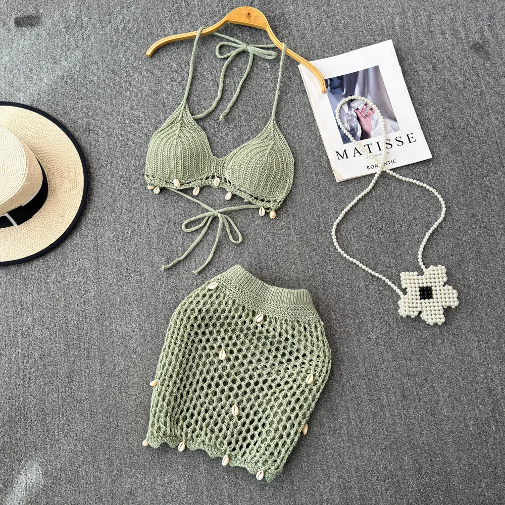 Summer Casual Strap Hollow Out Two Piece Set Beach Vacation Top Sexy Hand Hook Bikini Skirt Two-Piece Set