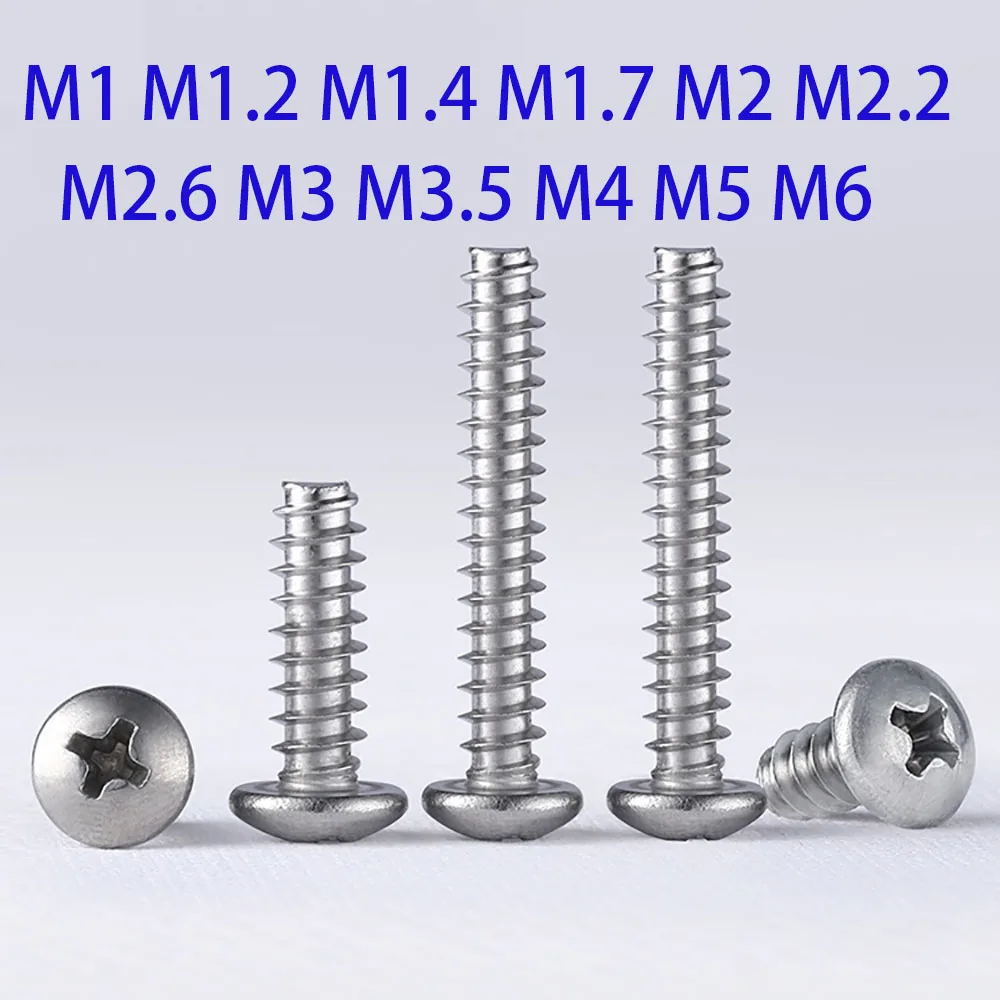 10/20/50/100pc M1-M6 Round Head Phillips Self Tapping Screw 304 Stainless Steel Mushroom Button Head Flat Tail Woodworking Screw