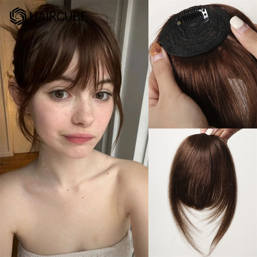 Hair Clip in Bangs 100% Human Hair Bangs Natural Brown French Bang Fringe with Temples Flat Neat Fake Thick Hairpieces for Women