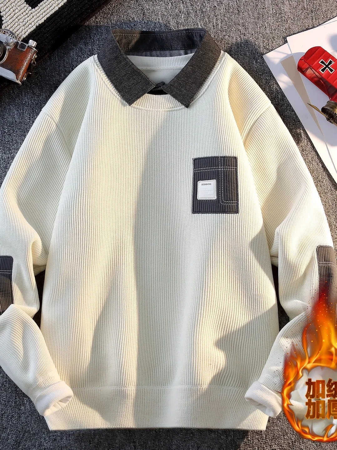 

Thiened Fce Knitted irt Collar Sweater Men's Casual Long Sve Warm Autumn Winter Leisure Pullover Polyester Fiber