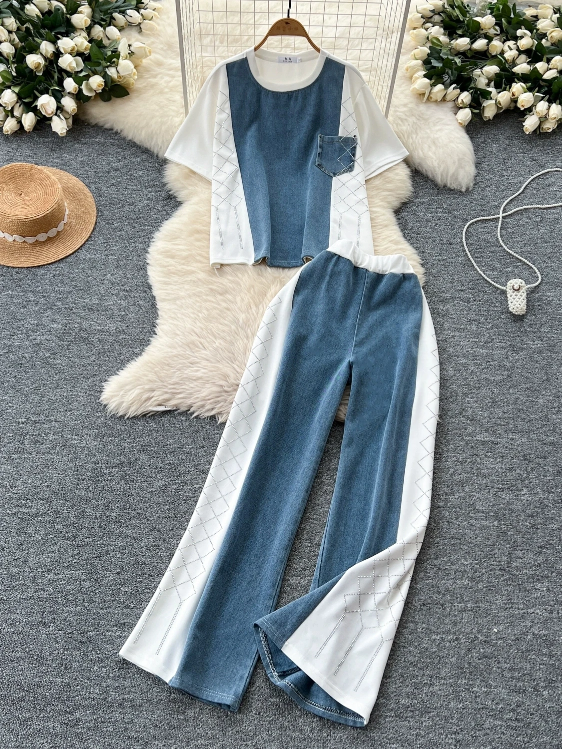 

Women Fashion Denim Two Pieces Suits Iron Drill Splicing Short Sleeve Tops + High Waist Wide Leg Straight Trousers Clothing Sets