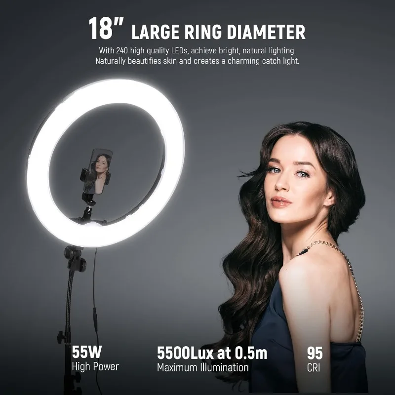 مجموعة مصابيح Ring Light مقاس 18 بوصة: مصابيح LED احترافية بقدرة 55 وات 5600 ك مع حامل وحامل هاتف وأنبوب ناعم وحقيبة لتمديد رموش الوشم #3