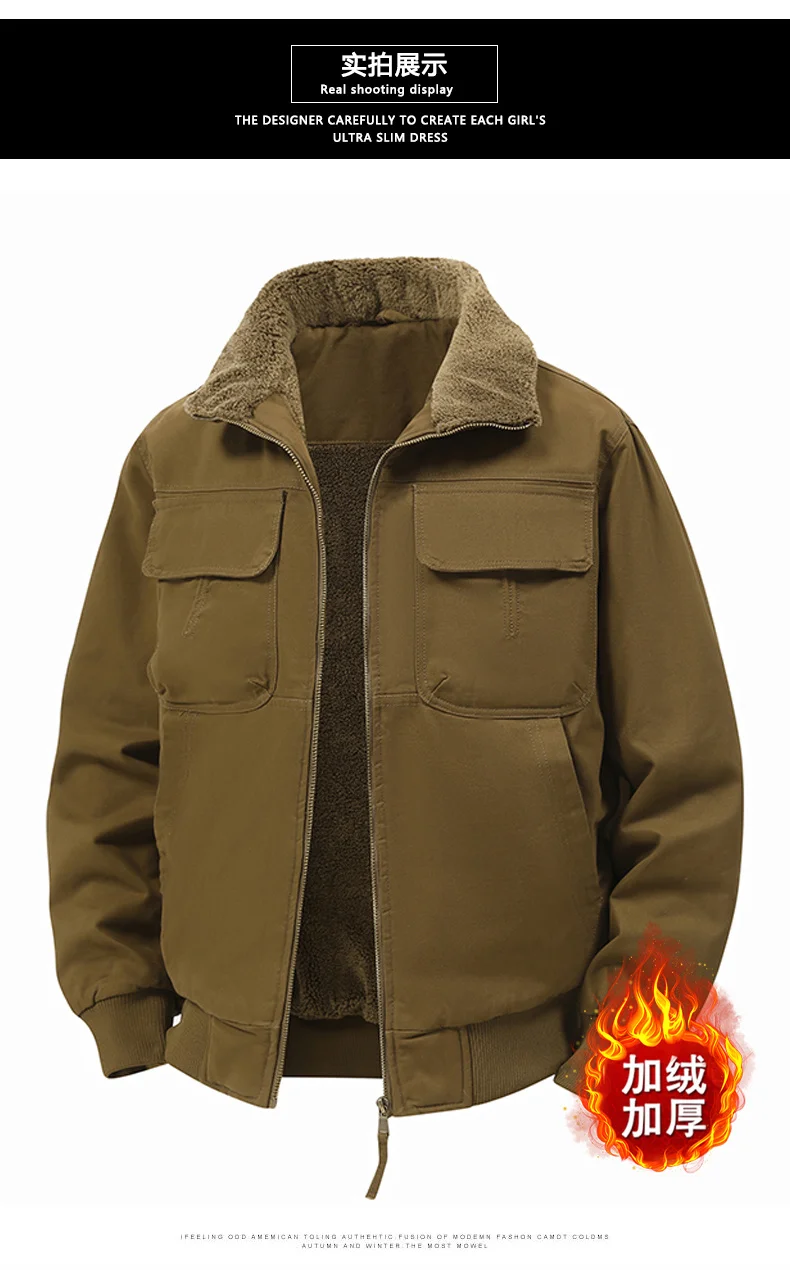 Men's Winter Jackets Plush Men's Cargo Jacket Fleece Parkas Lamb Fur Lining Men's Cold Jacket Thickening Motorcycle Jacket 3356