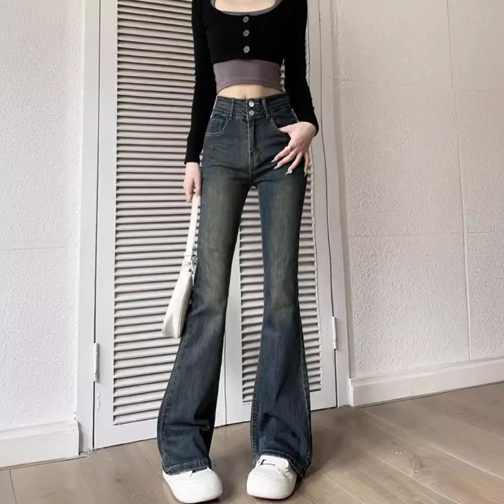 High Waist Micro Flared Jeans Women's Cement Grey Slimming Retro Style Autumn Fashion Ladies' Premium Quality Denim Trousers