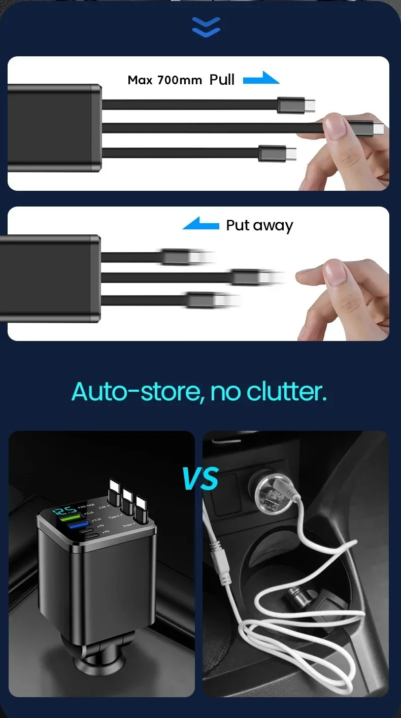 Typ-C Handy-Autoladegerät 7-in-1 mit Erweiterungskabel, Dual-Port USBPD Schnellladegerät für Zigarettenanzünder im Auto – Detail 7