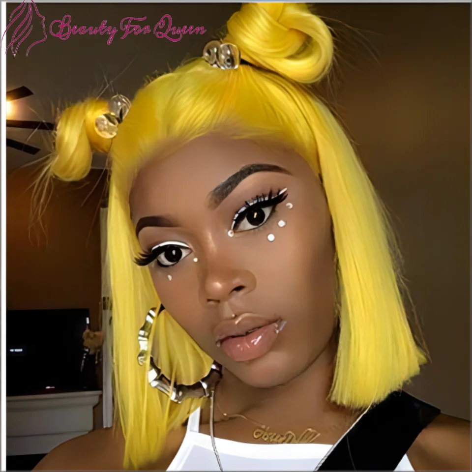 

Yellow Colored Straight Lace Front Wig Transparent Lace Front Wig Short Bob Human Hair Wigs Brazilian Remy Lace Frontal Wig