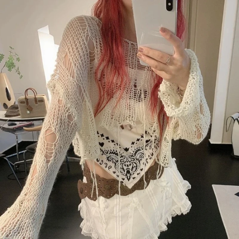 

Knitted Tops Long Sleeve Sweater Women Clothes Korean Fashion Hollow Out Crop Top Pullovers Knit Jumper Grunge Y2k Chic