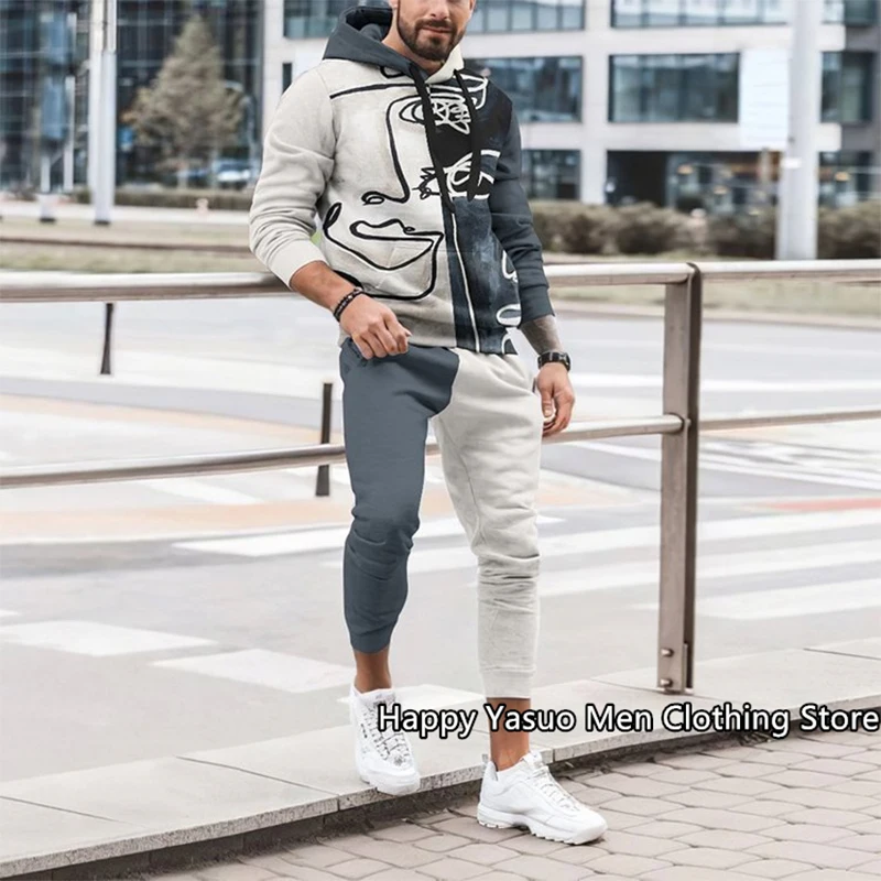 Sweat à capuche polaire à manches longues et pantalon Long pour homme, streetwear, survêtement, ensemble 2 pièces, imprimé 3D, nouvelle collection automne hiver