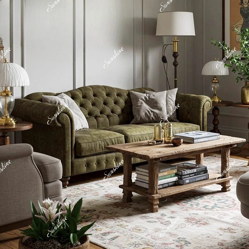 

American retro solid wood fabric sofa, medieval straight row three-person sofa