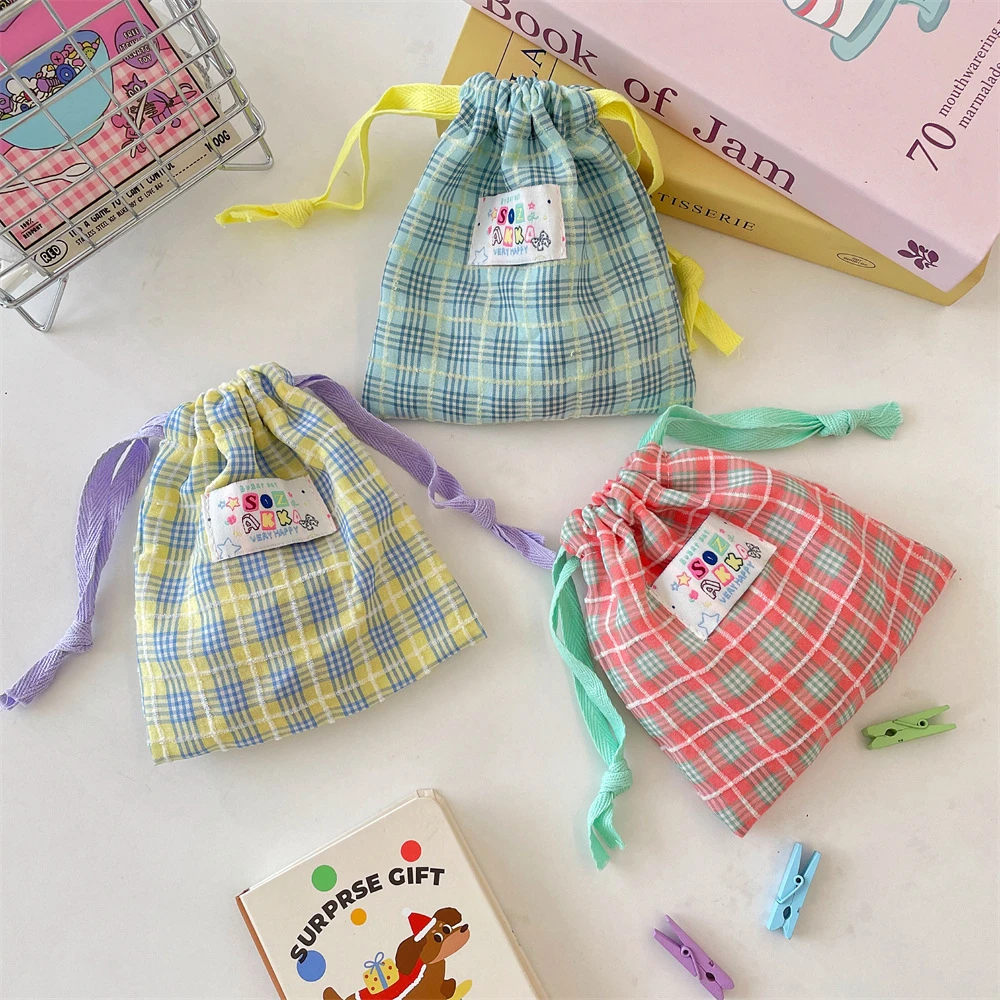 Storage Bag, Lipstick Makeup Storage Bag, Contrast Color Plaid Drawstring BundleTravel Sub-bag