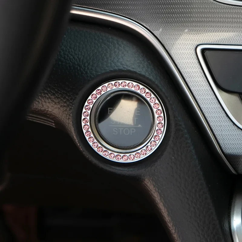 1/2/3pcs Car Accessories One-Click Start Button Decorative Ring Handmade Embedded Diamond Crystal Ignition Circle Decal Start
