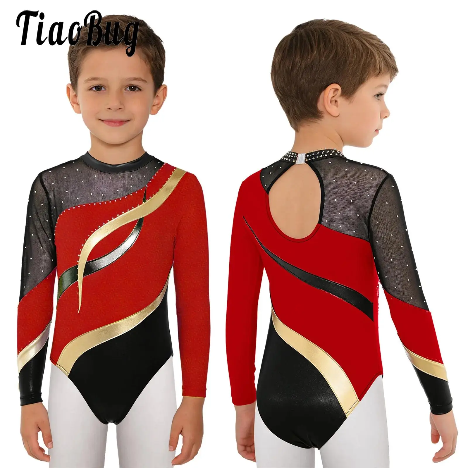 

Kids Boys Artistic Tights Leotards Gymnastics Dance Costume Sheer Mesh Bodysuit Dance Figure Skating Jersey Jumpsuit Dancewear