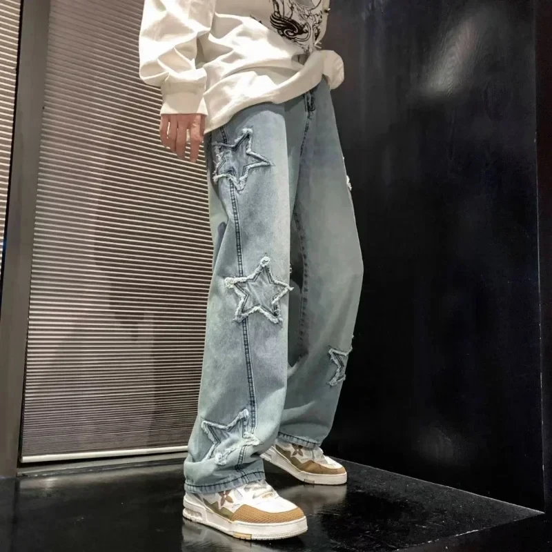 Harajuku New Men Star Embroidered Fashion Loose Jeans Y2K High Street Hip Hop Stretch Soft Straight Wide Leg Denim Trousers Male