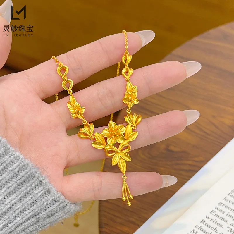

9999 24K real gold necklace for women happy flowers wedding flowers exquisite fashion for girlfriend