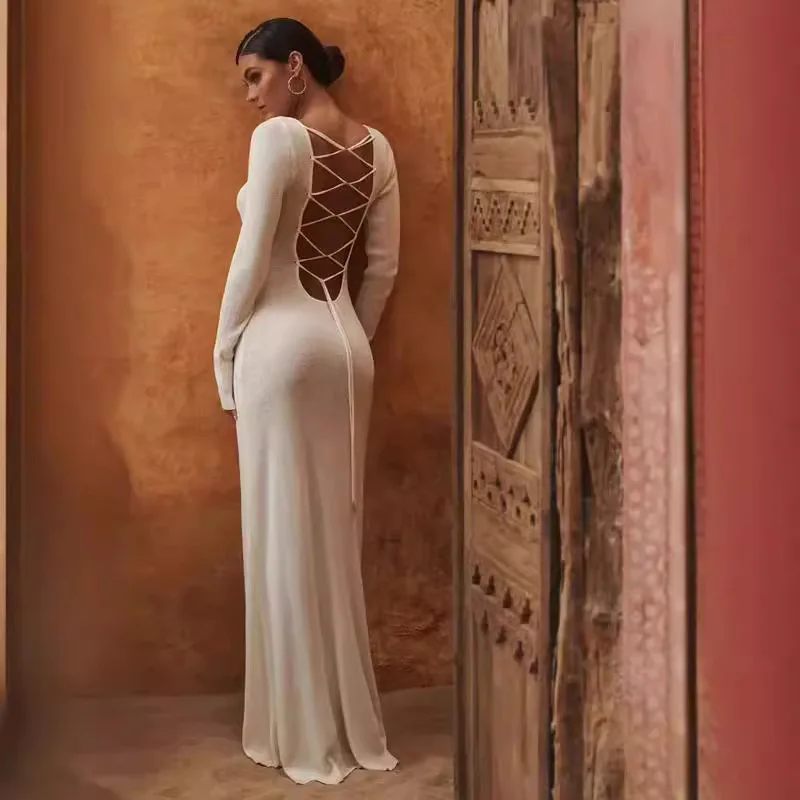 

Новое женское платье осени 2025 года с завязками на веревке, сексуальное утягивающее трикотажное платье с открытой спиной и высокой талией, с длинными рукавами