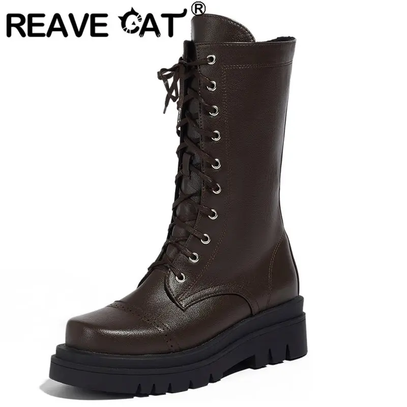 REAVE CAT 2026 Design Female Mid Calf Boots Round Toe Thick Heels 5cm Platform Lace Up Big Size 42 43 Vintage Soft Daily Bota