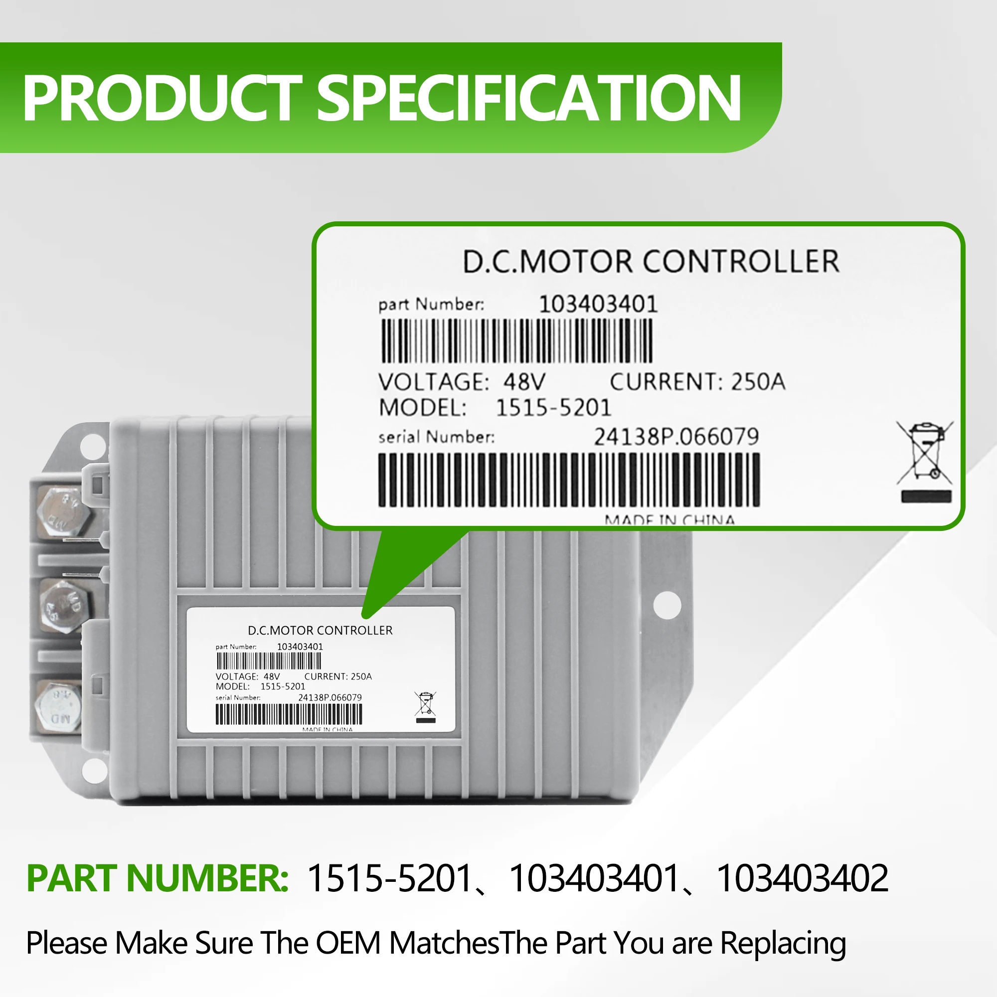 48V 250A DC Motor Controller for Curtis Club Car 103403401 DS & Precedent 2009-UP 1515-5201