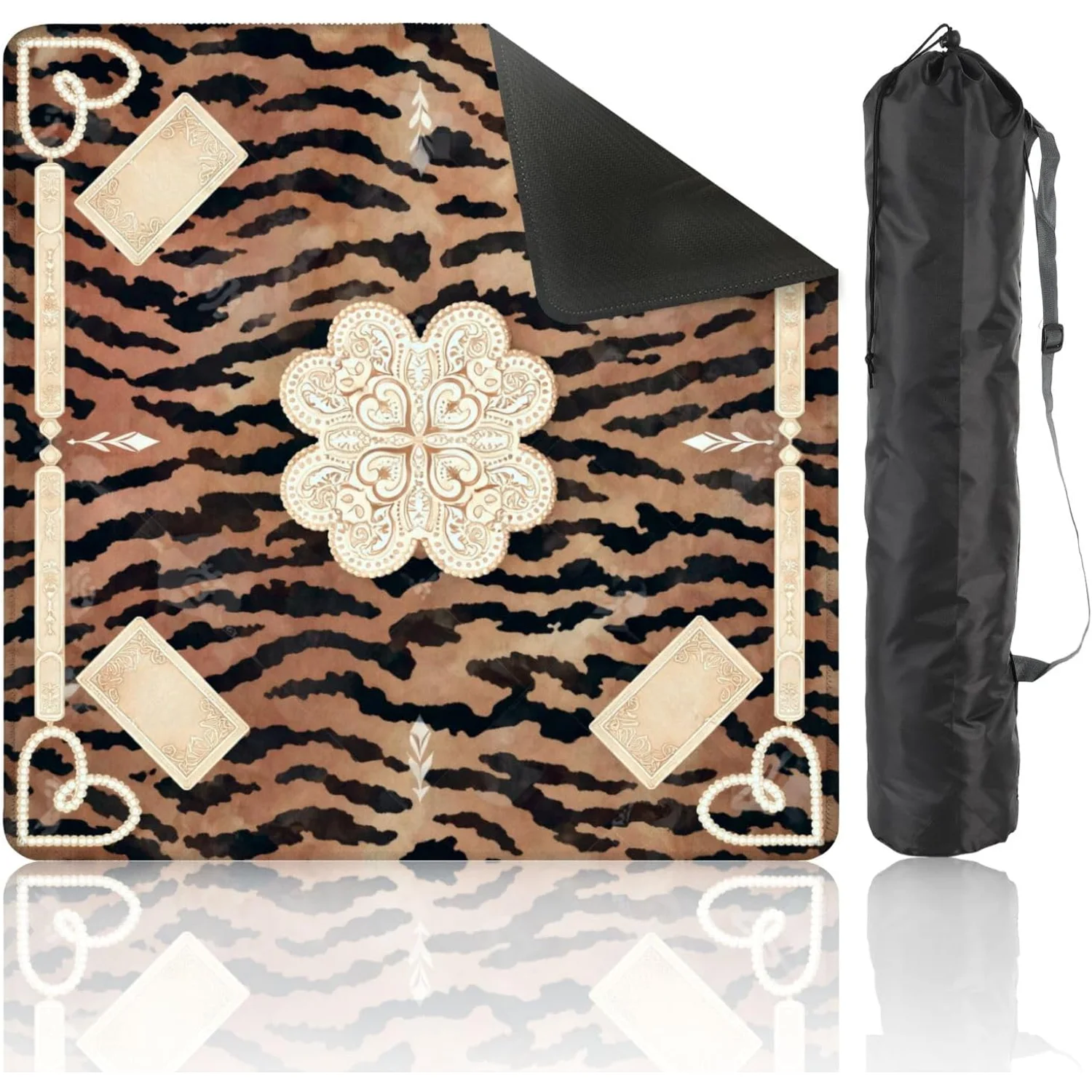 Ornate Tiger Stripe Gold Filigree Mahjong Mat with Carrying Bag 31.5 X 31.5 Non Slip Noise Reduction for Poker Dominoes Games