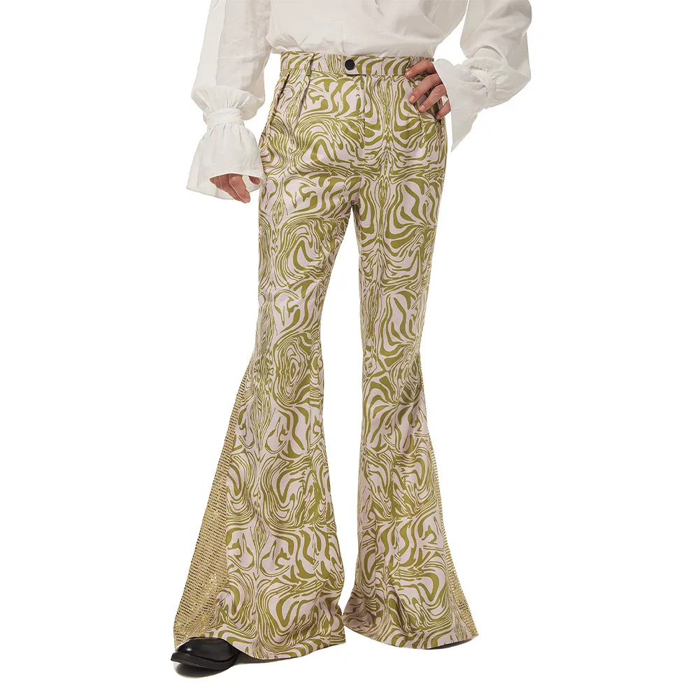 1970s Retro Vintage Disco Mid Waist Bell Bottom Super Flares Long Pants Printed Trousers Jazz Dance Halloween Carnival Suit