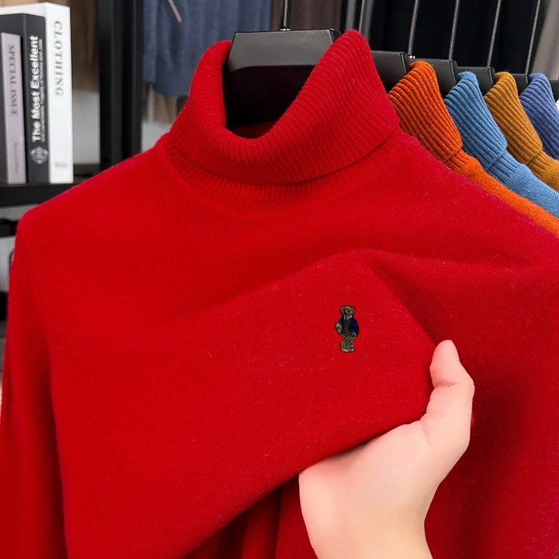 luxury men's autumn winter sweater turn-up collar embroidery high quality knitwear pullover keep warm innerwear men's clothing