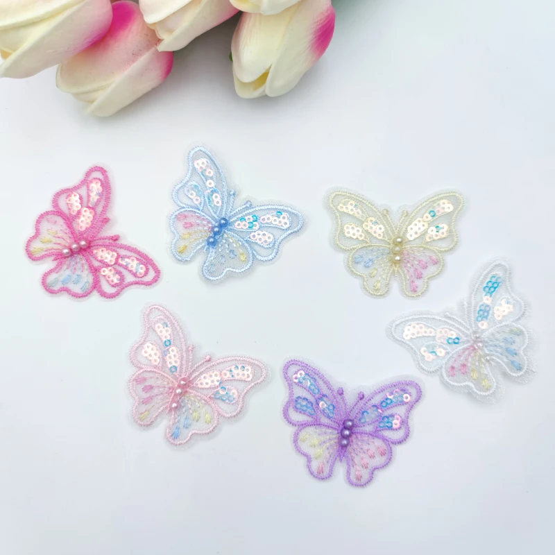 10pc Butterfly Pearl Lace Embroidered Wedding Clothes Jewelry Accessories Appliques For Sewing Supplies DIY Hair Clip