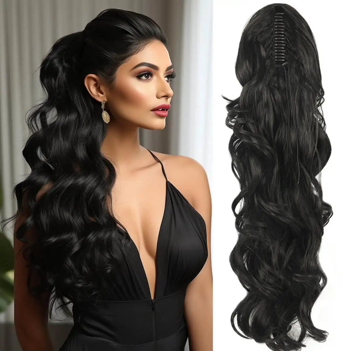 Synthetic 28inch Long Claw On Clip Ponytail Hair Curly Natural Tail False Hair For Women Horse Tail Black Hairpiece