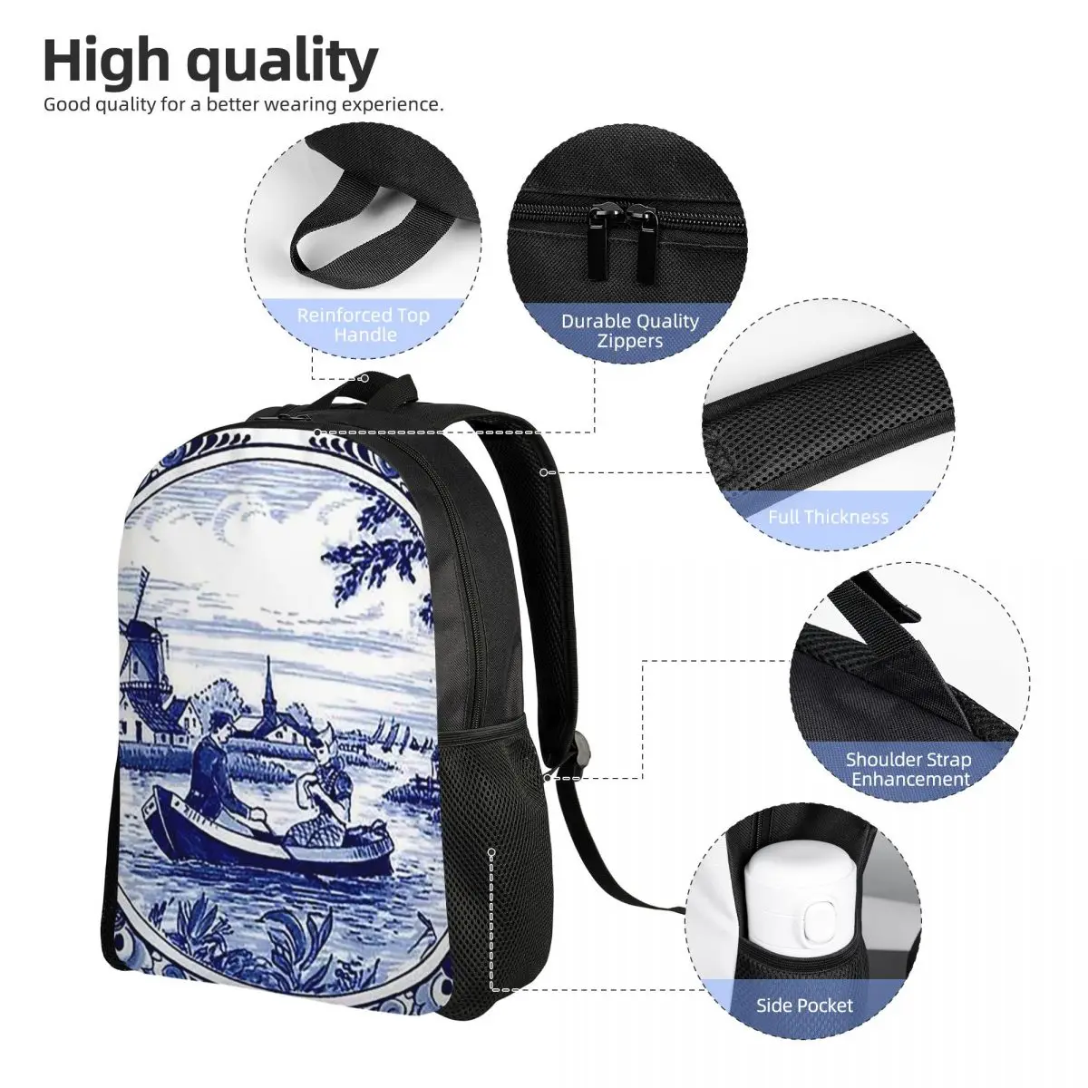 الهولندية الأزرق دلفت طاحونة الكنيسة والمراكب الشراعية حقيبة ظهر الطالب حقيبة مدرسية المشي لمسافات طويلة السفر Daypack حقيبة الكتب الموضة حقائب الكتف