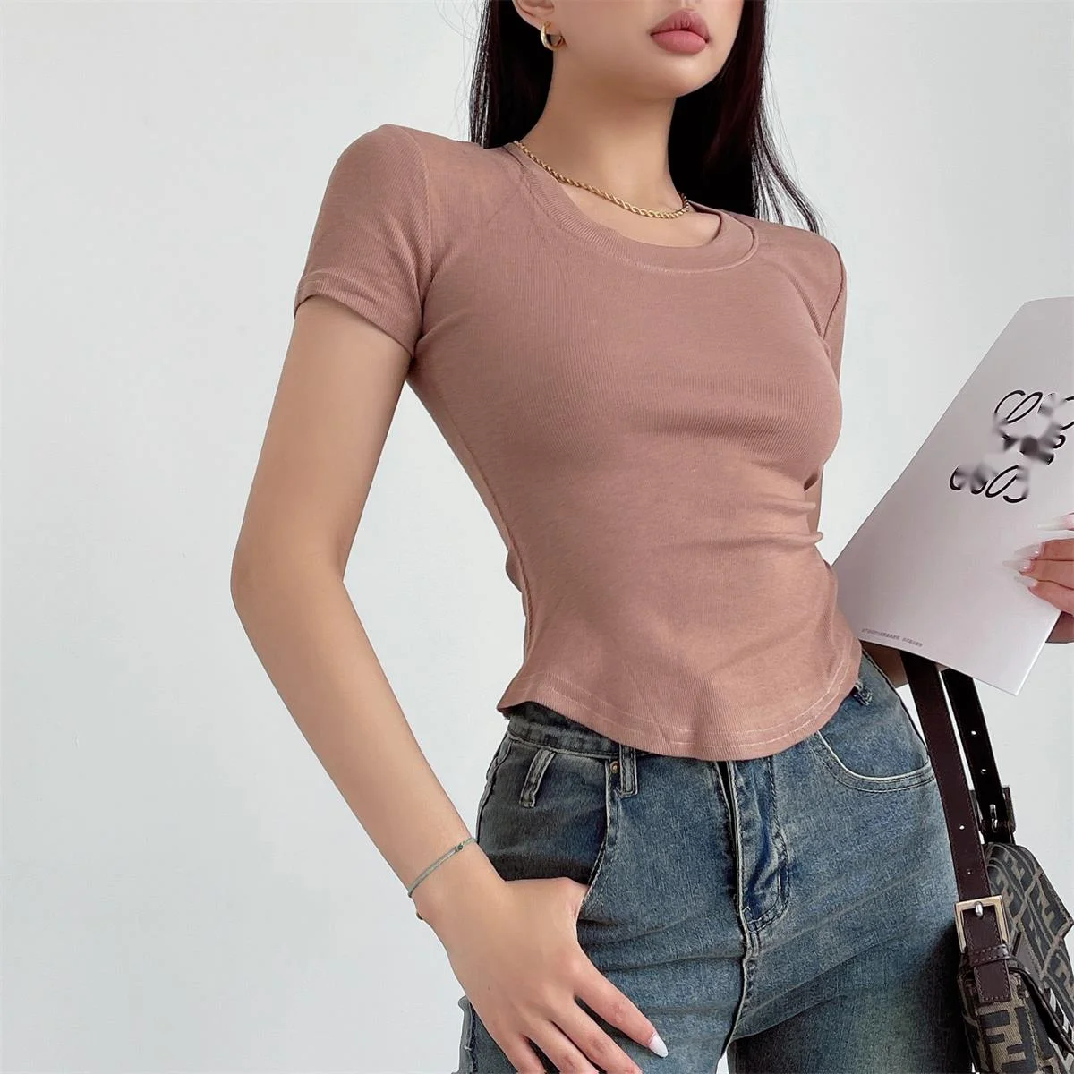 WOMENGAGA Summer Thin Thread Shoulder Round Neck T-shirt Women Slim Thin White Short Sleeve Top Tees Sweet Fashion Korean V8XT