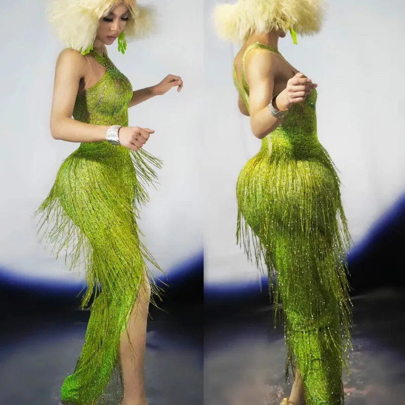 Sleeveless Green Rhinestones Fringe Long Split Dress Women Evening Prom Party Tassel Outfit Nightclub Stage Singer Dance Costume