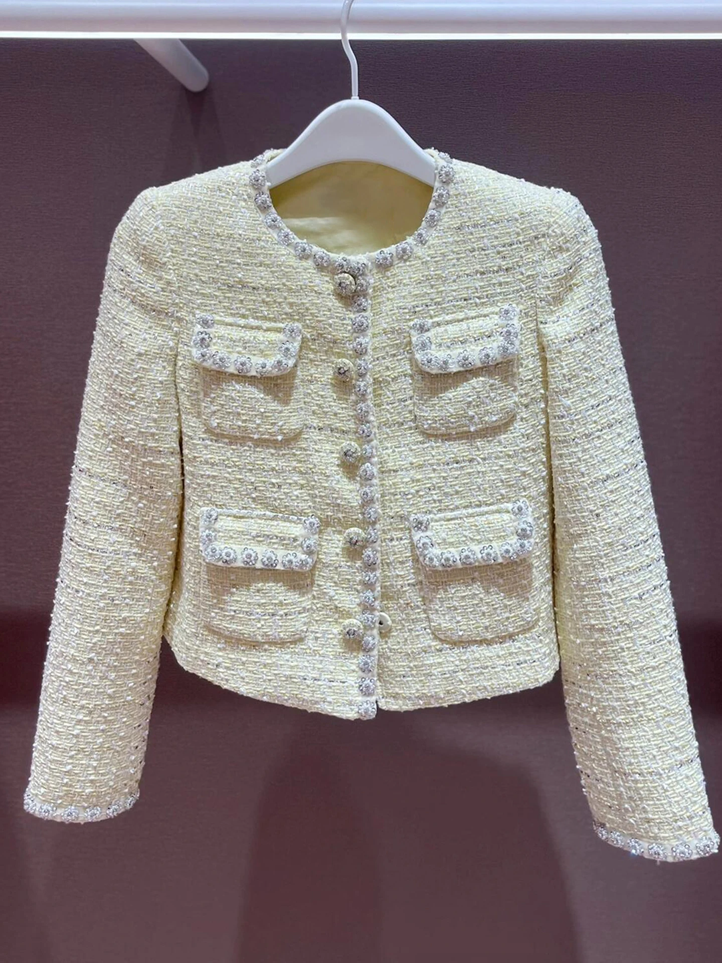 Haut de gamme hiver femmes diamant embelli Tweed ouvert Cardigan manteau Ele trajet Sle ort vêtements d'extérieur pour dames