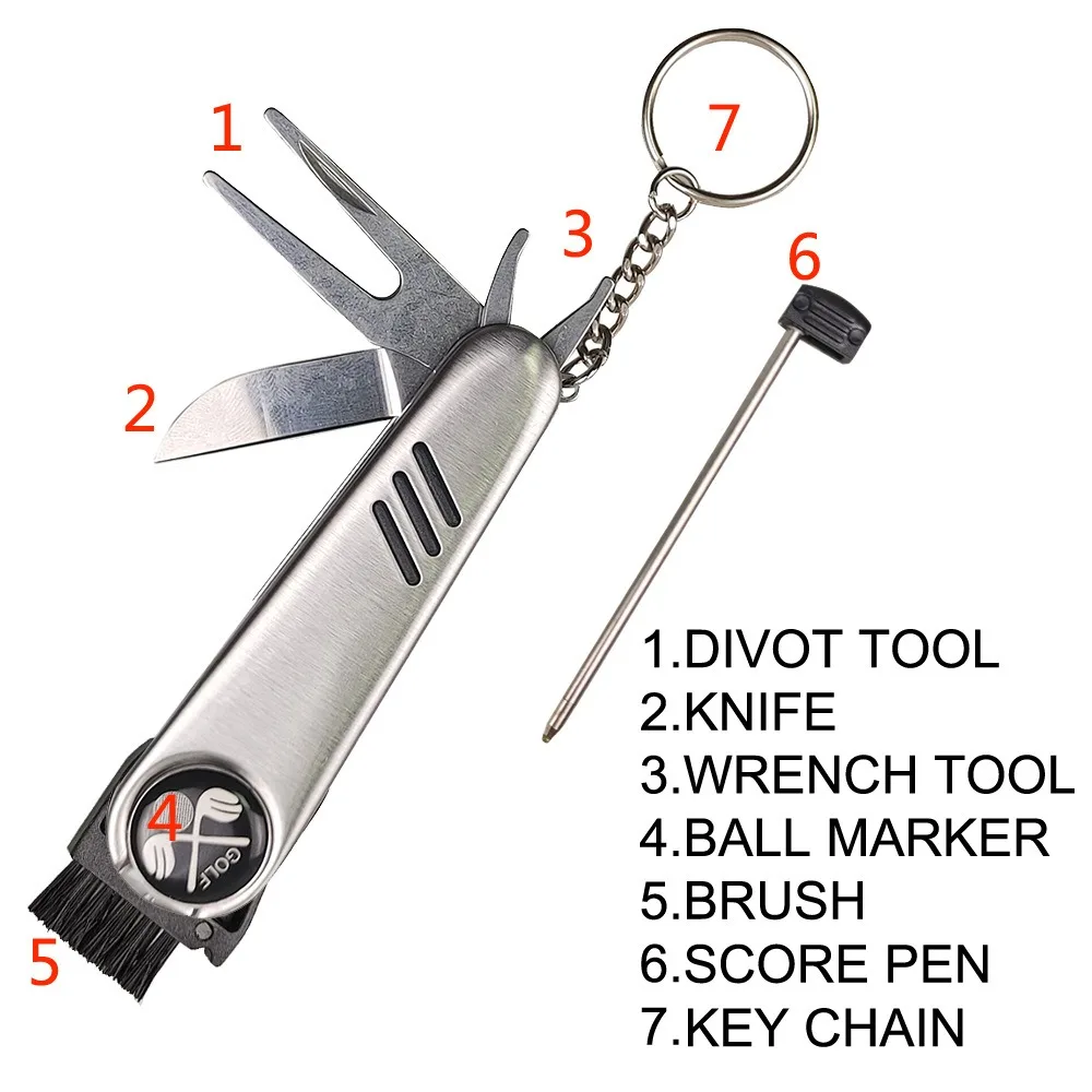 Golf Multi-function Knife, Stainless Steel Keychain, Six-in-one Golf Off-course Accessories Compact and Convenient