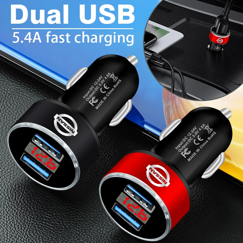 Auto-Ladegerät mit 2 USB-Anschlüssen, schnelles Laden, digitales Display für Nissan Nismo GTR Tiida Sylphy Teana Trail T30 T32 Radnabenkappen