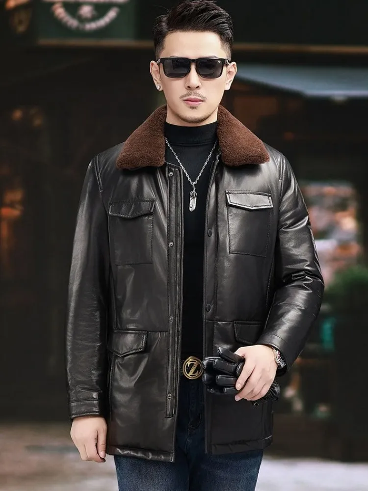Business Casual Genuine Leather Mens Down Coat Detachable Wool Collar Winter New Thicken Warm High Quality Goatskin Jacket Male
