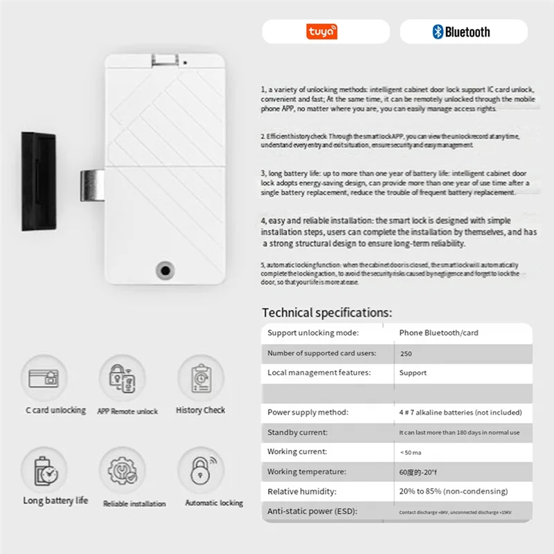 

A37T-Tuya Smart Bluetooth Cabinet Drawer Lock For Wood Door, IC Card Unlock, Keyless Monitoring App Remote Control