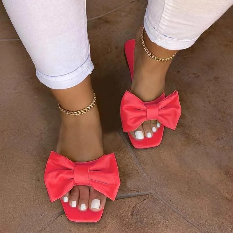 Fashion Summer Plus Size One-line Solid Color Bow Flat Sandals Outdoor Beach Slippers Elegant Women Shoes 2023