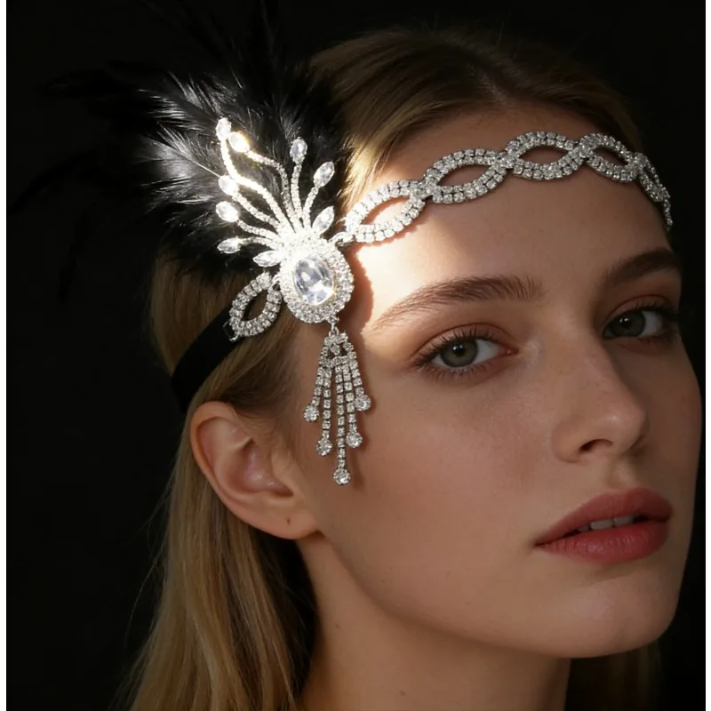 

Black Feather Rhinestone Flapper Headpiece, Elastic Crystal Hair Band, Elegant 1920s Accessory for Bridal Wedding & Indian Party
