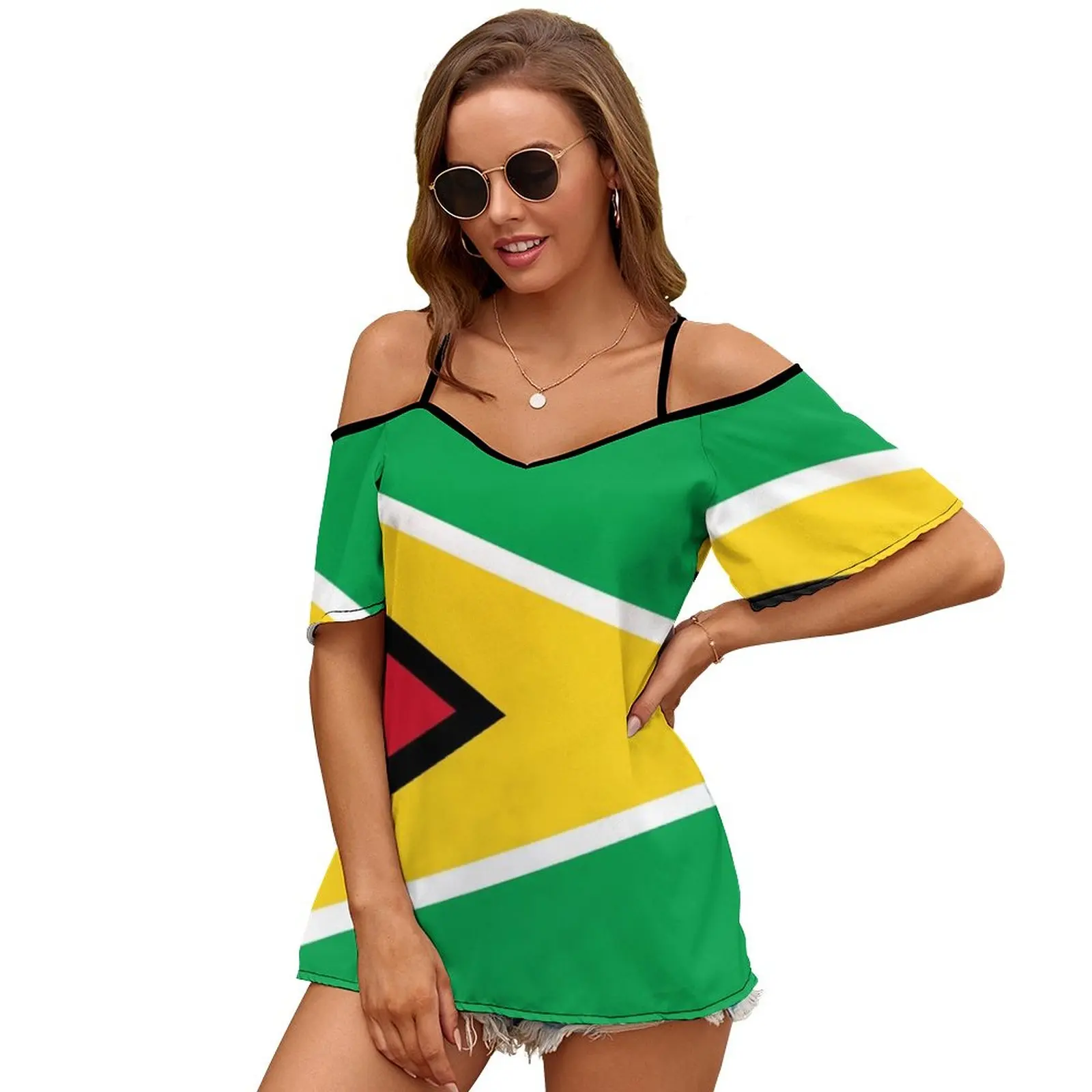 Guyana Flag T-Shirt-Guyanese Sticker Print O-Neck Off-The-Shoulder Top Short-Sleeved T-Shirt Ladies Streetwear Guyana Flag