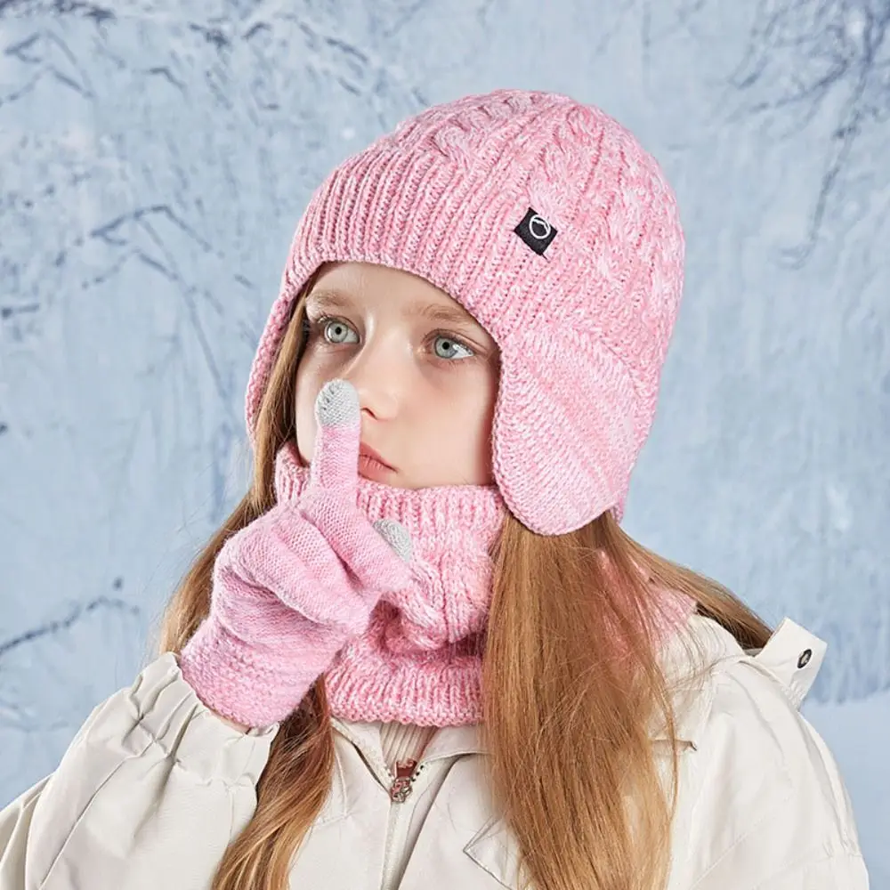 3Pcs/Set Soft Solid Color Hat Scarf Gloves Set Earflap Coldproof Winter Pullover Hat Thickened Warm Ear Protection Caps Children