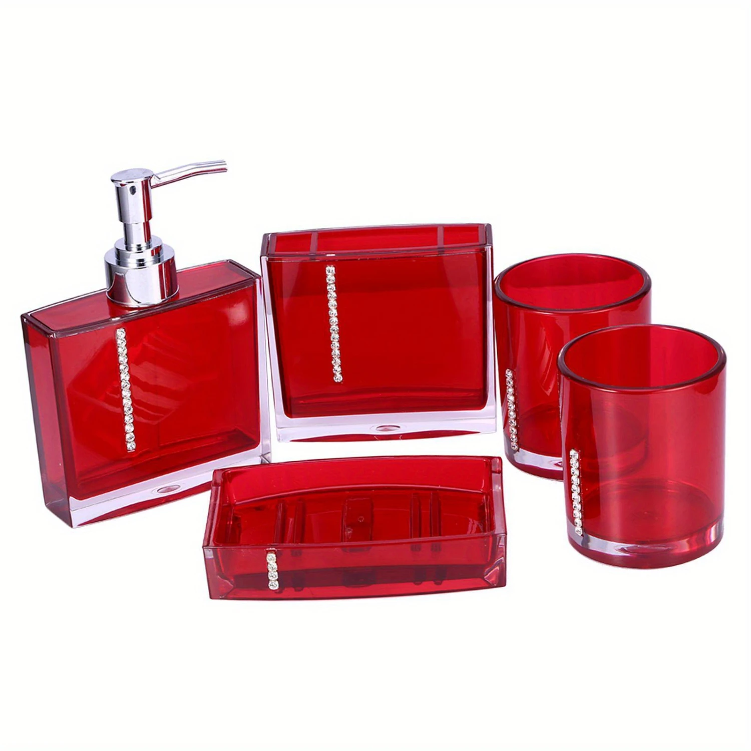 Luxury Red Acrylic Bathroom Accessories Set for , Hotel and Restaurant Use - 5PC/Set Bath Cup Bottle Toothbrush Holder Dish