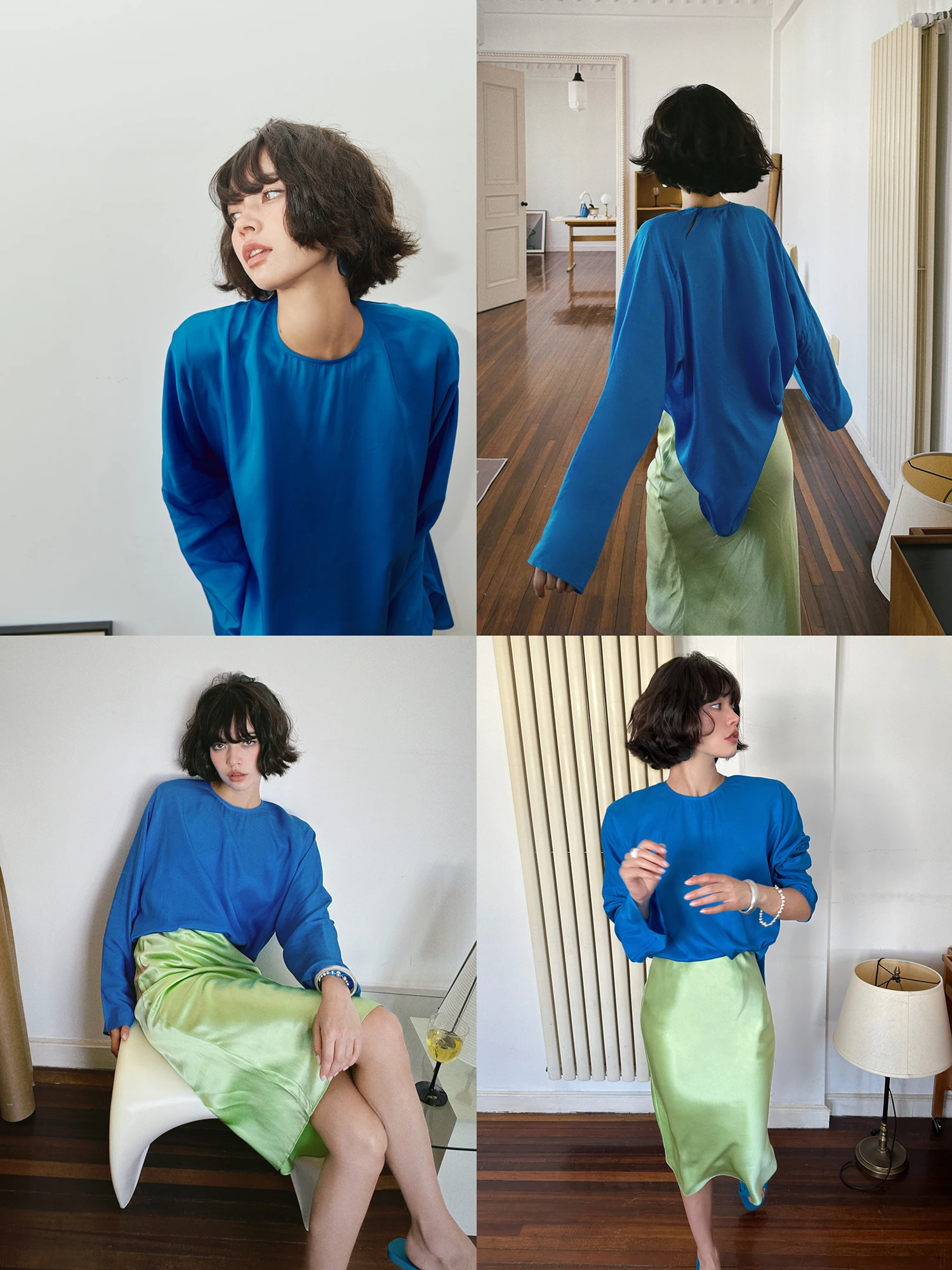 

Свободный топ Betchow Klein из голубого шелка, модный, с цветовыми блоками, для повседневной носки, с длинным рукавом, для весны и лета