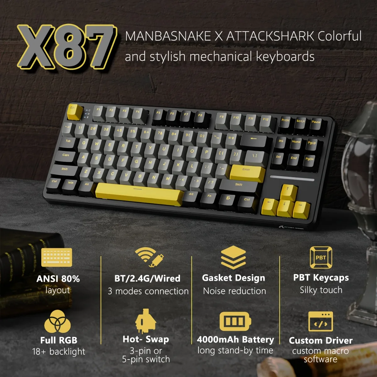 Attack Shark X87 Esports Gaming-Tastatur, mechanische Tastatur, RGB-Dichtung, Hot-Swap-fähiges