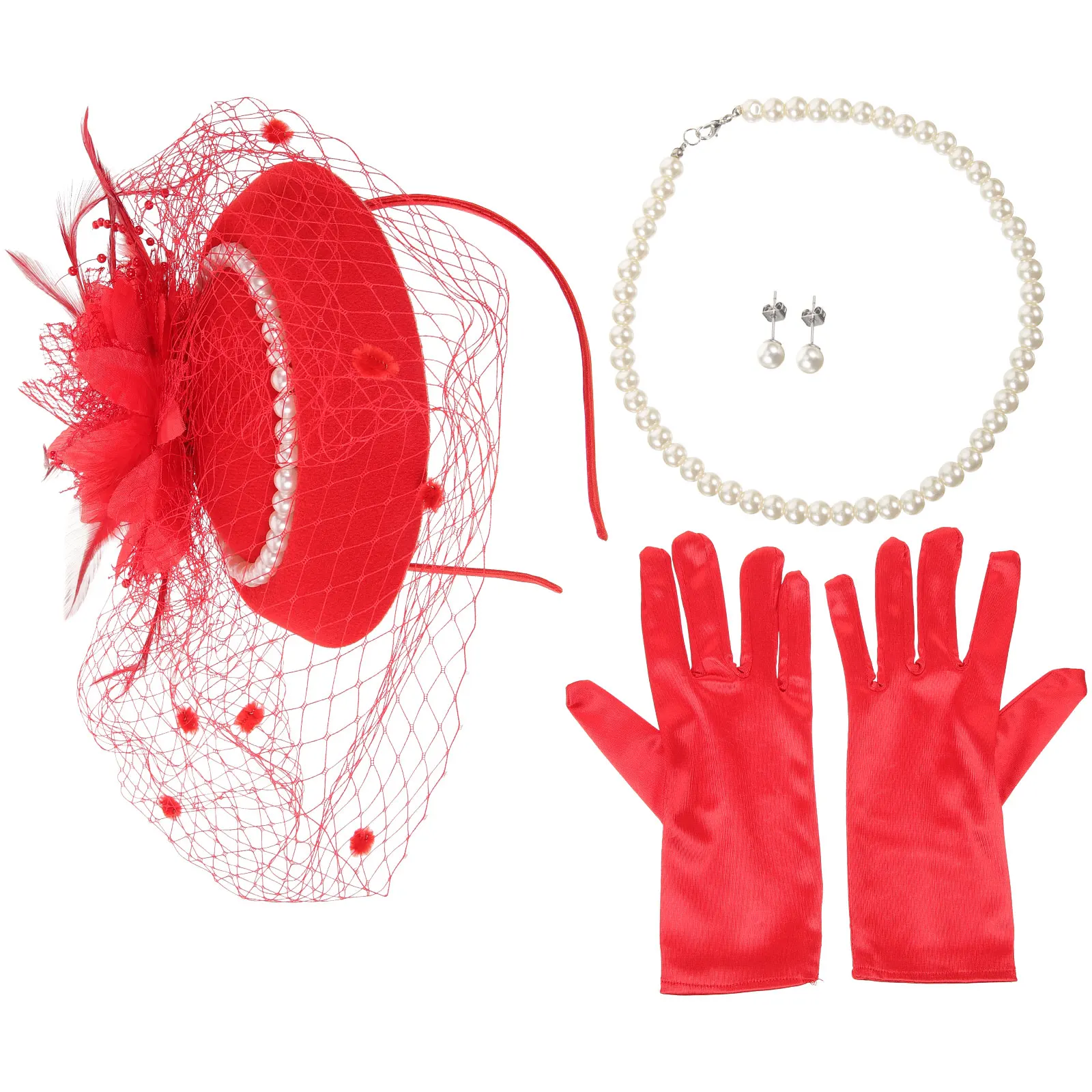 

Pearl Necklace Earring Set Vintage Hat Gloves for Women Red Tea Party Fascinator Hair Accessories Bridal Photoshoot