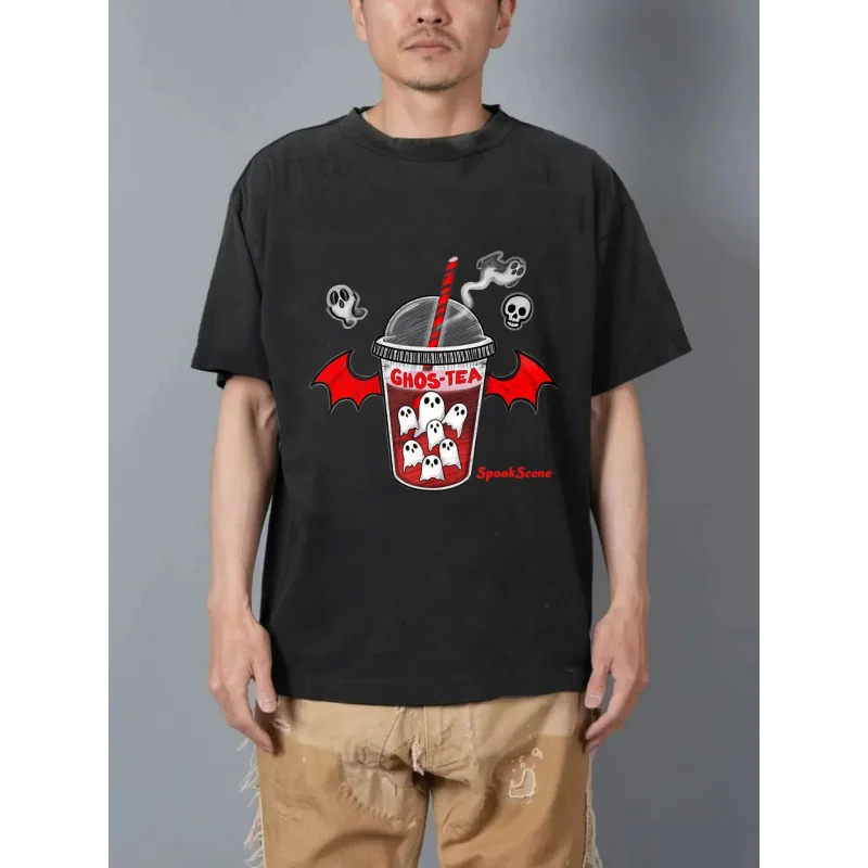 Camiseta lavada para hombre Copa de té Choc negra con calaveras y alas de murciélago Patrón impreso y texto Alta calidad 100% algodón 230g